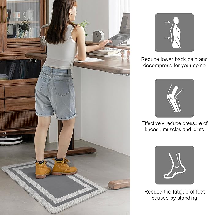 Small Kitchen Mat Cushioned Anti Fatigue Memory Foam Cushioned Rugs Non Slip Comfort Standing Kitchen Floor Mat for Kitchen, Office, Sink, Laundry, Waterproof & Ergonomic 17.3"x27.5" Grey