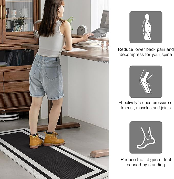 Anti Fatigue Kitchen Mats Memory Foam Cushioned Rugs Non Skid Kitchen Rugs Comfort Standing Desk Mats for Office, Home, Laundry Room Waterproof & Ergonomic Black 17.3 Inch x 47.2 Inch
