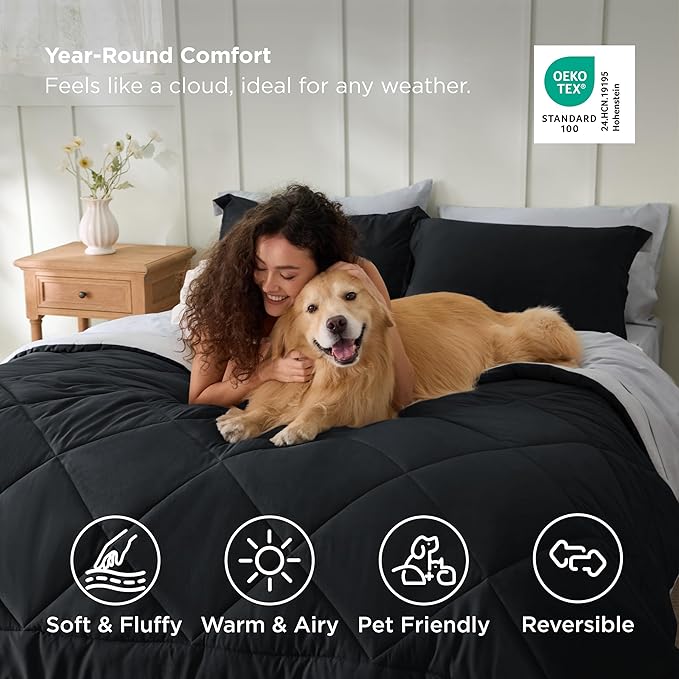 Bedsure California King Comforter Set - 7 Pieces Reversible Black Bedding, California King Size Bed Set for All Seasons, Bed in a Bag with Down Alternative Comforter, Sheets, Pillowcases & Shams