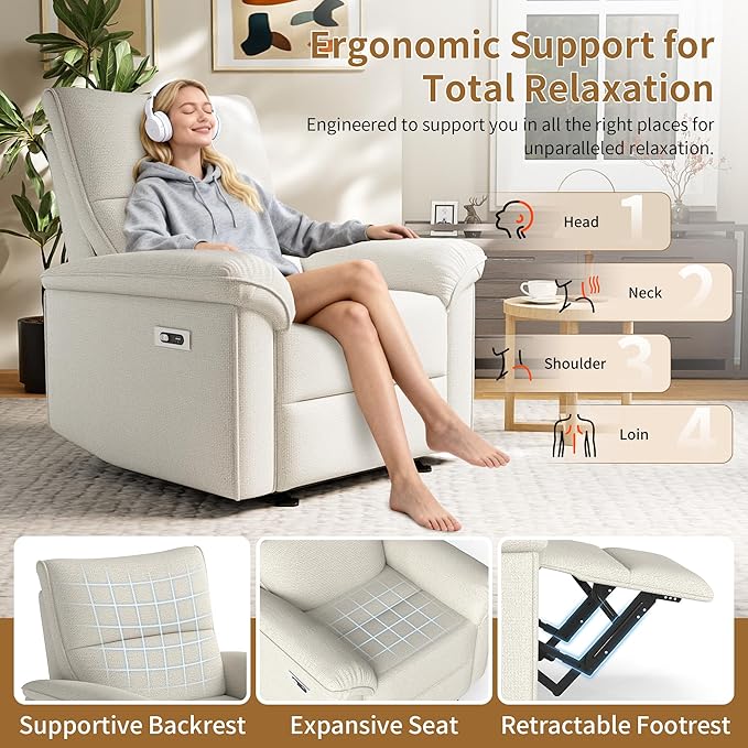 Wall Hugger Power Recliner Chair, Zero Wall Electric Recliner Chairs with USB Port, Snowflake Velvet Space Saving Large Recliner for Living Room, RV, Home Theater