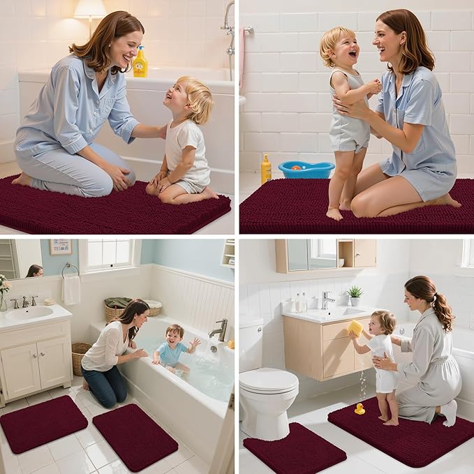 Arotive Bathroom Rugs 47x24, Extra Soft Absorbent Shaggy Chenille Bath Rugs, Machine Washable Rubber Backing Non-Slip Bath Mats for Bathroom Floor Tub and Shower, Home Decor Accessories, Burgundy