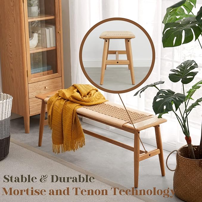 32" L 100% FAS Oak Wooden Bench Indoor - Solid Wood Rope Woven Entryway Bench, Dining Bench, Boho Furniture for Entryway, Dining Room, Bedroom, Kitchen (Natural)