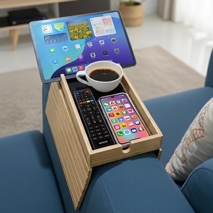 REVIV Bamboo Sofa Arm Tray Table - Foldable, Anti-Slip Couch Armrest Tray Table for Snacks, Drinks, and Devices, Flexible Couch Cup Holder, Durable and Natural Bamboo Design