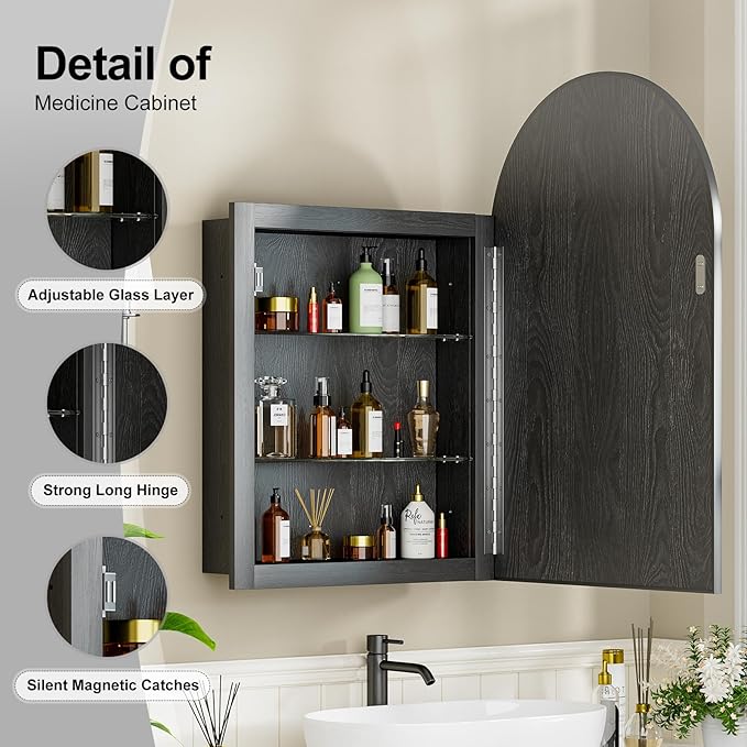 Recessed Medicine Cabinet for Bathroom,Brushed Black Arched Medicine Cabinet with Mirror,Arch Mirrored Medicine Cabinets Recessed,Bathroom Mirror with Storage,Open from Left to Right 20x30