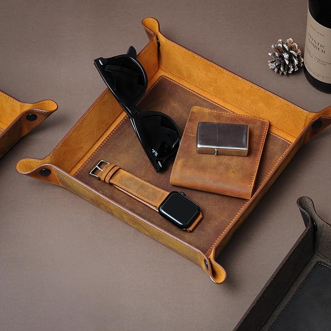 Handmade Leather Catch All Tray and Organizer for Keys, Phones, Jewels, Coins, Square - Medium, Choco Brown
