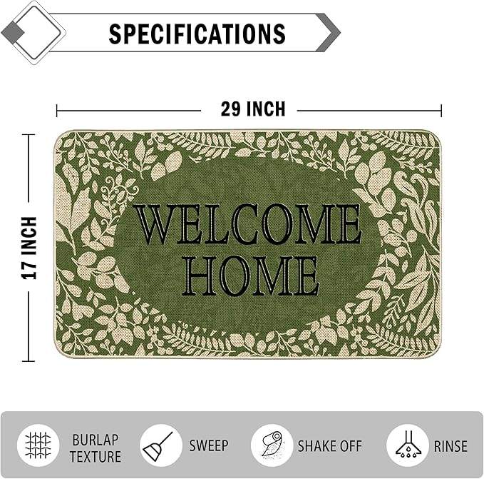 Welcome Spring Door Mat Green Leaves Doormat Indoor Outdoor Entrance Summer Decor Outdoor Rug Low-Profile Floor Rug Non Slip Spring Summer Decor Rubber Mats for Home Decoration 17x29Inch