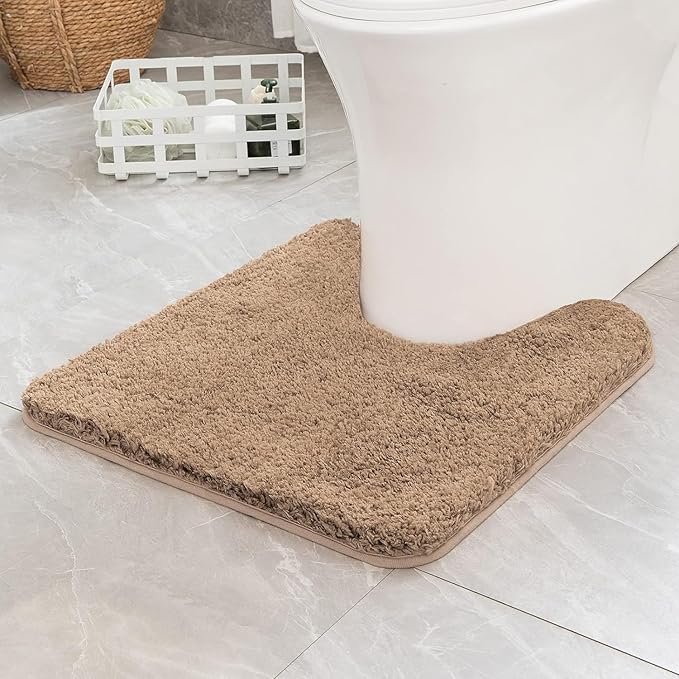 MIULEE Microfiber Toilet Bath Mat U-Shaped Contour Shaggy Bathroom Rugs Non Slip Extra Thick Soft Bath Rug Absorbent Water for Bathroom Commode Machine Washable(24x24 Inch, Light Brown)