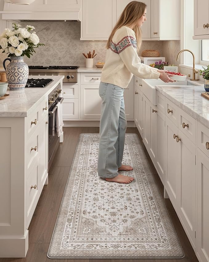 Color&Geometry Kitchen Floor Mats Anti Fatigue, Cushioned Boho Rugs,Waterproof Non Slip Kitchen Runner for Sink, Standing Mats for Office,24"x59",Beige