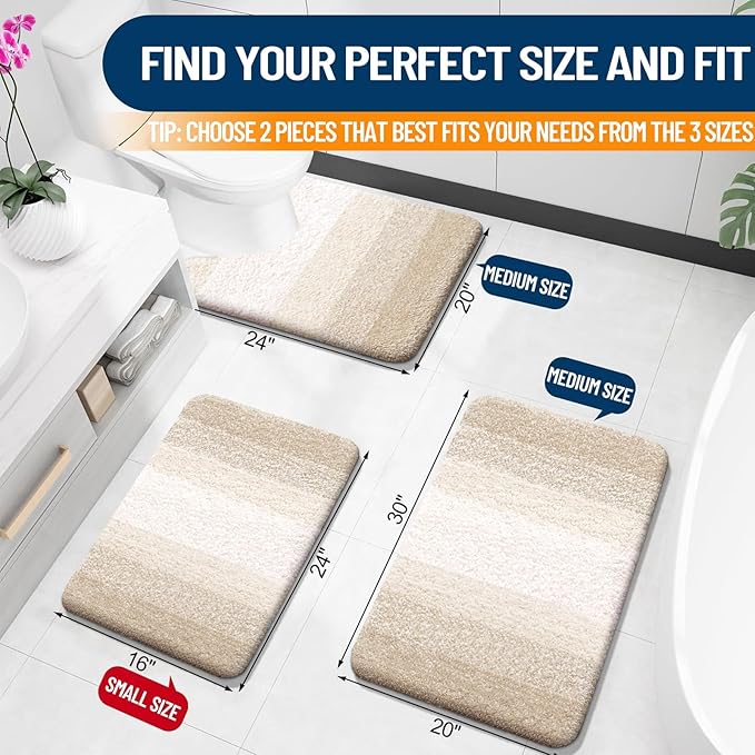 OLANLY Bathroom Rug Set 2 Piece, Soft Absorbent Microfiber Bath Rug Set, Non-Slip, Machine Wash Dry, Plush Shaggy Bath Mats for Bathroom (30"x20"+24"x16", Light Beige)