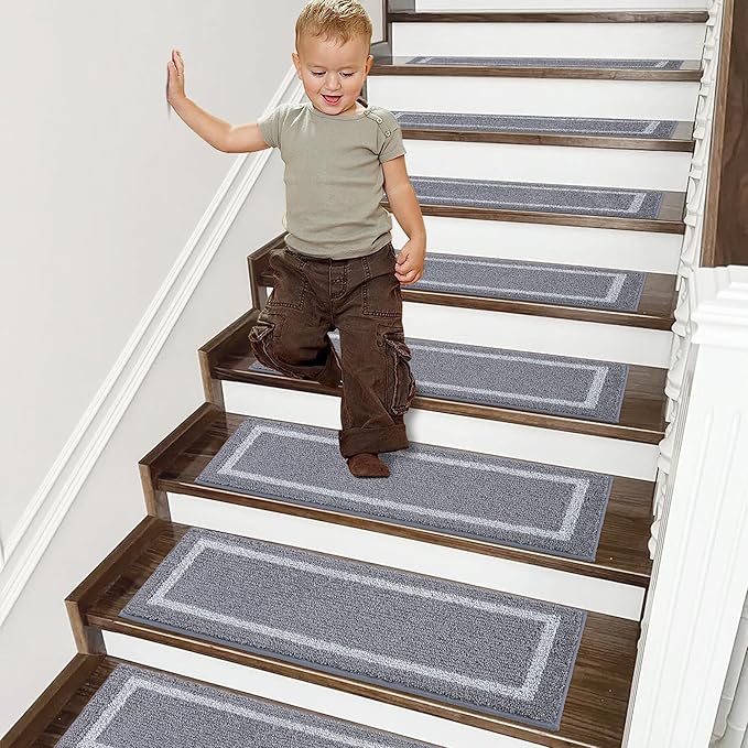 COSY HOMEER Soft Stair Treads Non-Slip Carpet Mat 28inX9in Indoor Stair Runners for Wooden Steps, Stair Rugs for Kids and Dogs, 100% Polyester TPE Backing 4pcs, Grey,Square