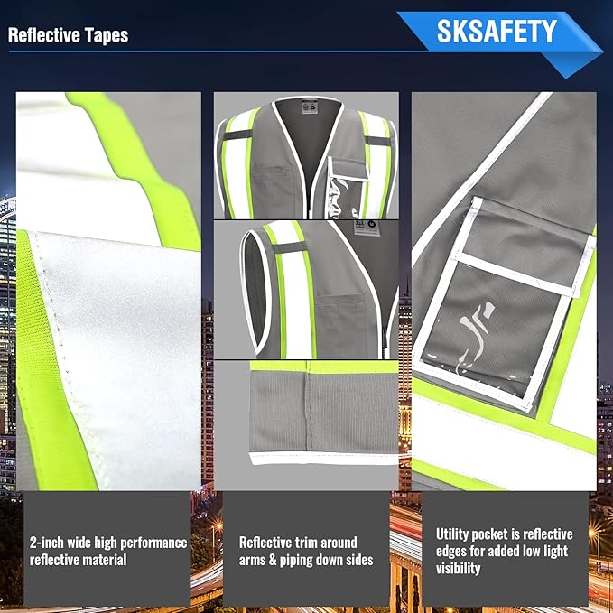 SKSAFETY 10 Pockets Safety Vest, Class 2 High Visibility Security with Zipper, Hi Vis Vest with Reflective Strips, ANSI/ISEA Standard, Construction Work Vest for Men ＆ Women （Grey,L）
