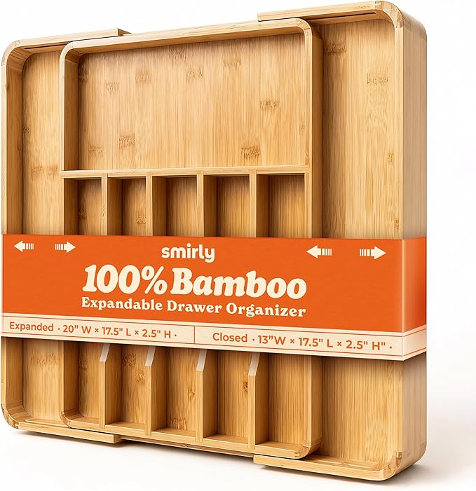 SMIRLY Silverware Drawer Organizer – Bamboo Kitchen Drawer Organizer, Adjustable Utensil Holder and Cutlery Tray, Drawer Dividers for Flatware and Kitchen Utensils