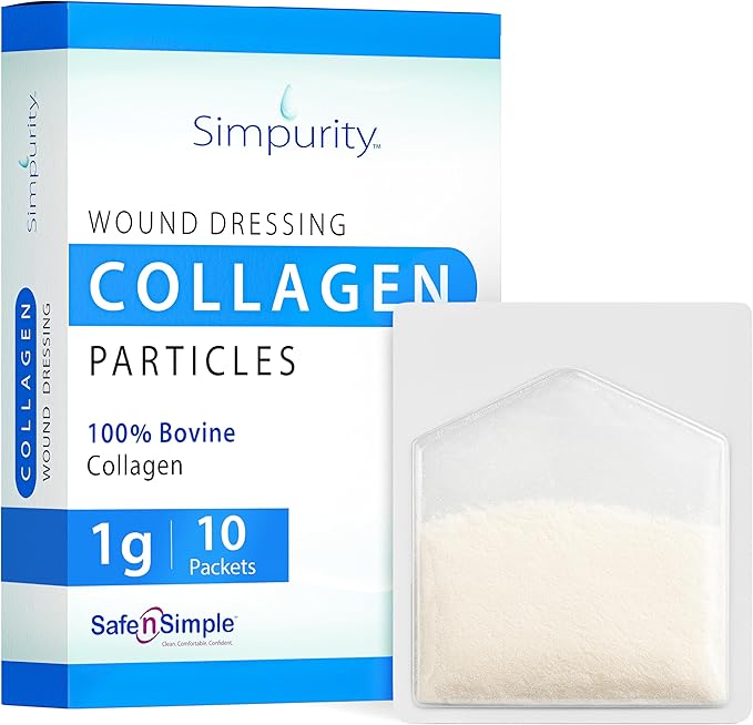 Collagen Dressing Powder for Wounds - 1 Gram - Box of 10 Collagen Packets - Collagen Wound Dressing Pads Powder - Safe n' Simple Wound Care Supplies