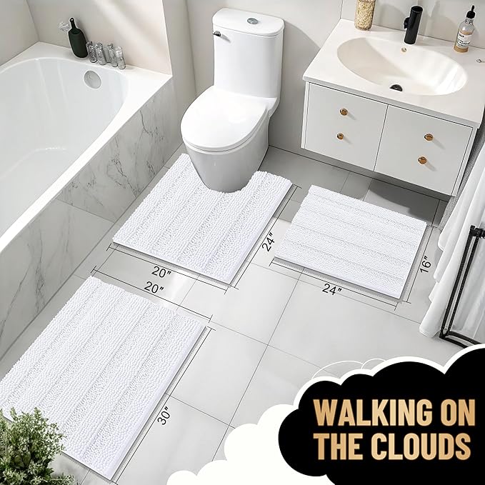 OLANLY Thick Toilet Rugs U-Shaped 24x20, Extra Soft Absorbent Chenille Striped Contour Bathroom Rugs for Toilet, Dry Quickly, Machine Washable, Non-Slip Bath Mat, White