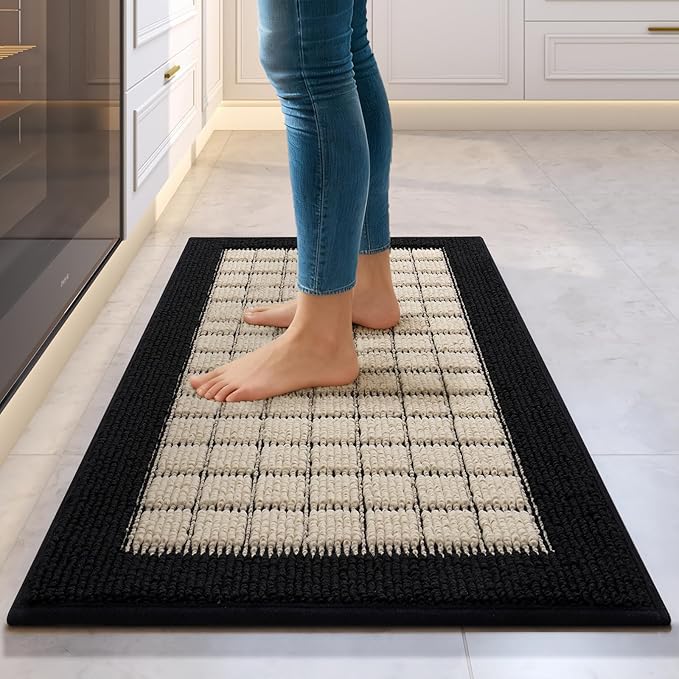 Kitchen Mats for Floor 17"x30", Non-Slip Washable Kitchen Rugs, Absorbent and Stain Resistant Kitchen Rug, Durable Comfortable Rugs for Kitchen, Hallway, Laundry & Sink, Black