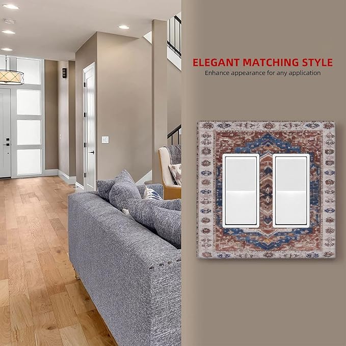 Vintage Orange Medallion Pattern Outlet Covers Double Rocker Light Switch Covers Decorative 2 Gang Gfci Wall Plate Electrical Receptacle Switchplate Plug Faceplate Bathroom Decor