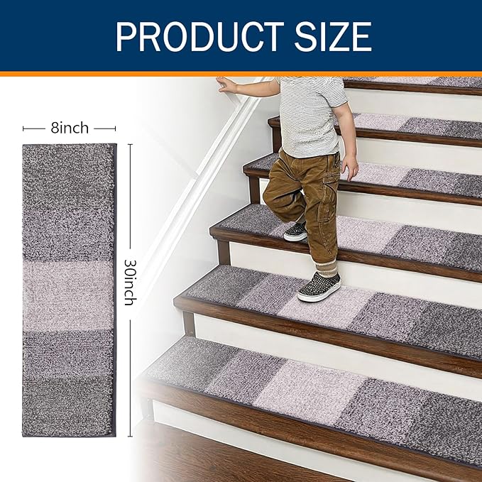 OLANLY Stair Treads Non Slip 15PCS, 8" x 30" Indoor Stair Runners for Wooden Steps, Edging Stair Rugs with Reusable Peel and Stick Adhesive for Kids Elders and Pets, Light Grey