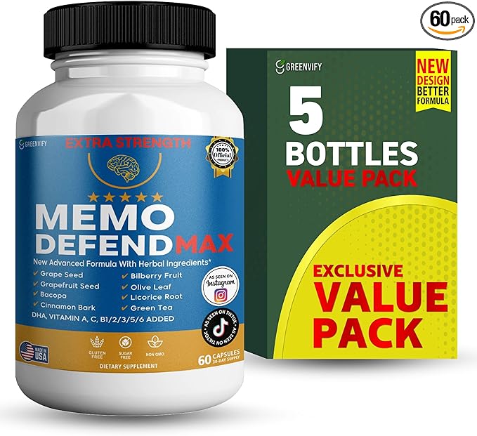 Memo Defend Max Memory Support Supplement, 60 Capsules, with Vitamins A C D E B Complex, DHA, Bacopa, Grapefruit Seed (5)