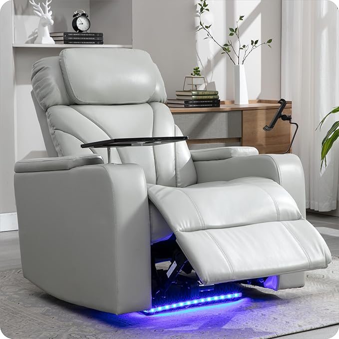 Zero Wall Power Recliner with Bluetooth Speaker & USB Ports - Home Theater Electric Recliner Chair with Cup Holder, Arm Storage, LED Lights, Phone Holder & Removable Tray Table