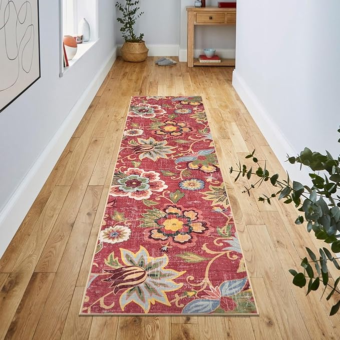 Beeiva Floral Washable Runners for Hallways Non Slip, 2x8 Red Long Hallway Runner Rugs with Rubber Backing, Ultra Thin Christmas Vintage Kitchen Rugs Non Skid for Entryway Bathoom (Red,2'x8')