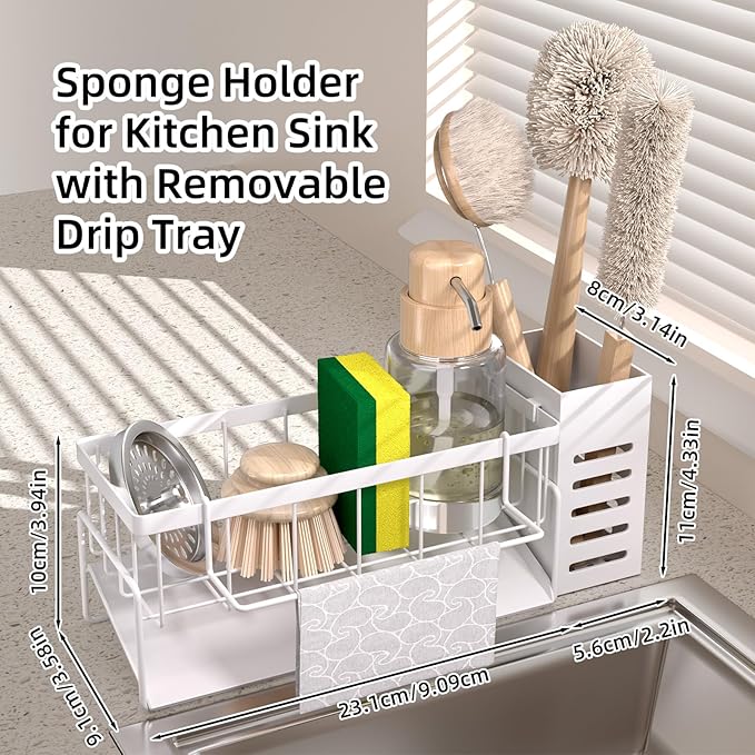 NET MEYA Kitchen Sink Caddy Organizer,Stainless Steel Sponge Holder with Dish Brush Holder,Soap Caddy for Countertop,Kitchen Sink Organizer Countertop Sink Accessories,Cleaning Caddy
