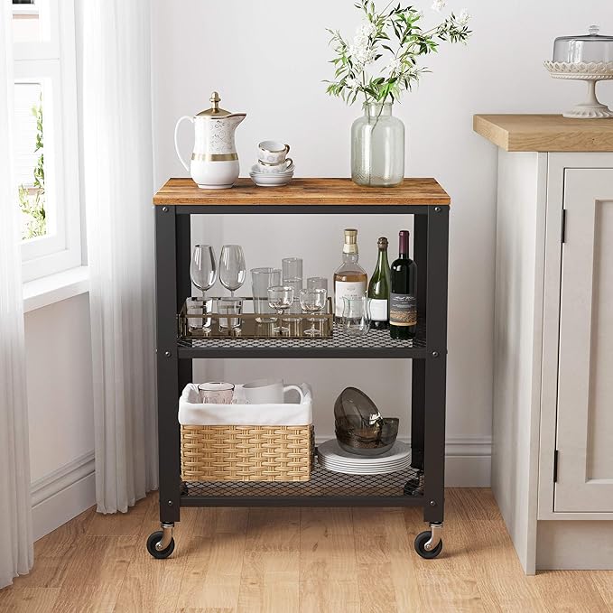 VASAGLE BRYCE Serving Cart, 3-Tier Kitchen Utility Cart on Wheels with Storage, for Living Room, Accent Furniture with Steel Frame, Industrial, Rustic Brown and Ink Black ULRC78X