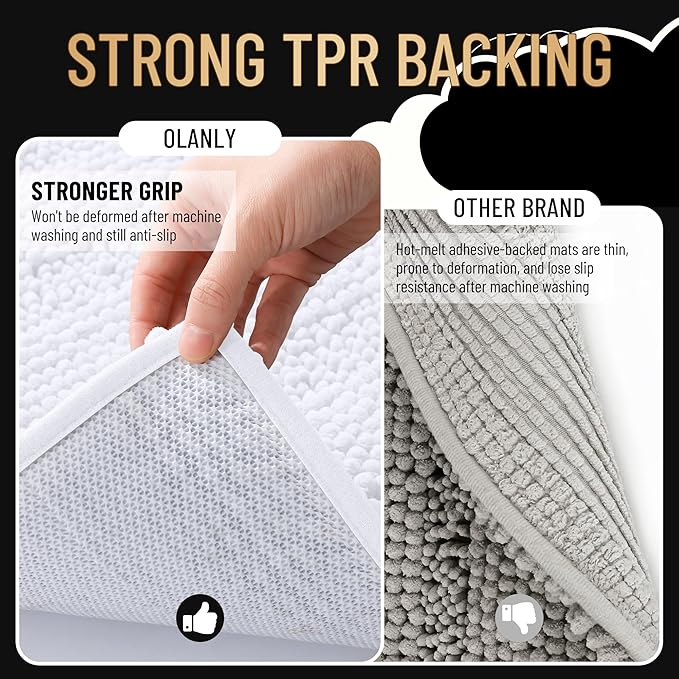 OLANLY Thick Toilet Rugs U-Shaped 24x20, Extra Soft Absorbent Chenille Striped Contour Bathroom Rugs for Toilet, Dry Quickly, Machine Washable, Non-Slip Bath Mat, White