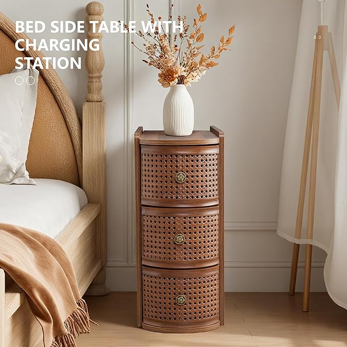 Metal Rattan Narrow End Table with Charging Station, Farmhouse Side Table with Drawers Storage, Small Night Stand with Power Outlets and USB Ports, Sofa Side Table for Living Room - Walnut