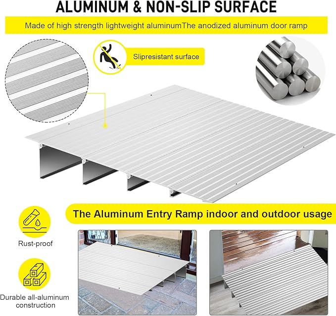 Door Threshold Ramp 4" Rise Door Ramp Aluminum Entry Ramp or Doorways Rated 800 lbs Load Capacity forWheelchair Scooters Power Chairs Walkers