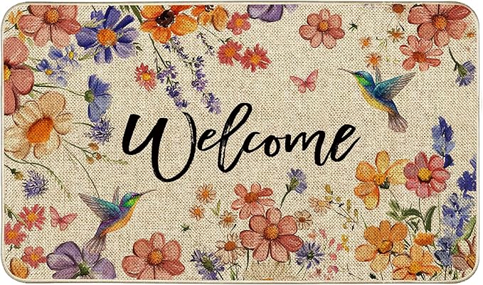 Wildflower Welcome Doormat 17"x29", Flower Spring Door Mat Indoor Entrance, Indoor Front Door mat, Non Slip Outdoor Entrance Mats, Low Profile Design Patio Porch Entryway Mats