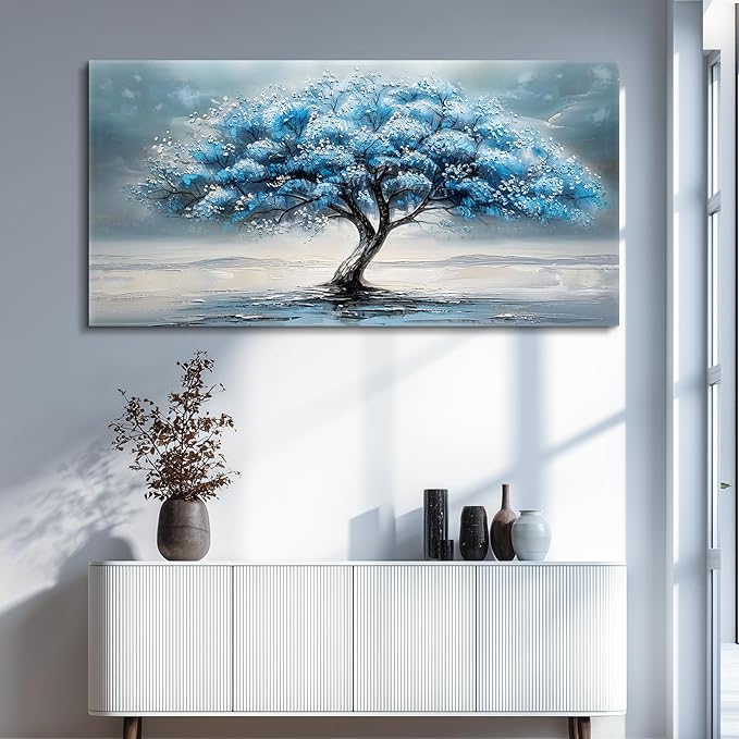 FUHAIHUA Large Wall Decor For Living Room Canvas Wall Art For Bedroom Office Decorations Blue Tree Paintings Abstract Wall Pictures Artworks ReadyTo Hang Framed Mural Home Decor Posters Art 60"X30"