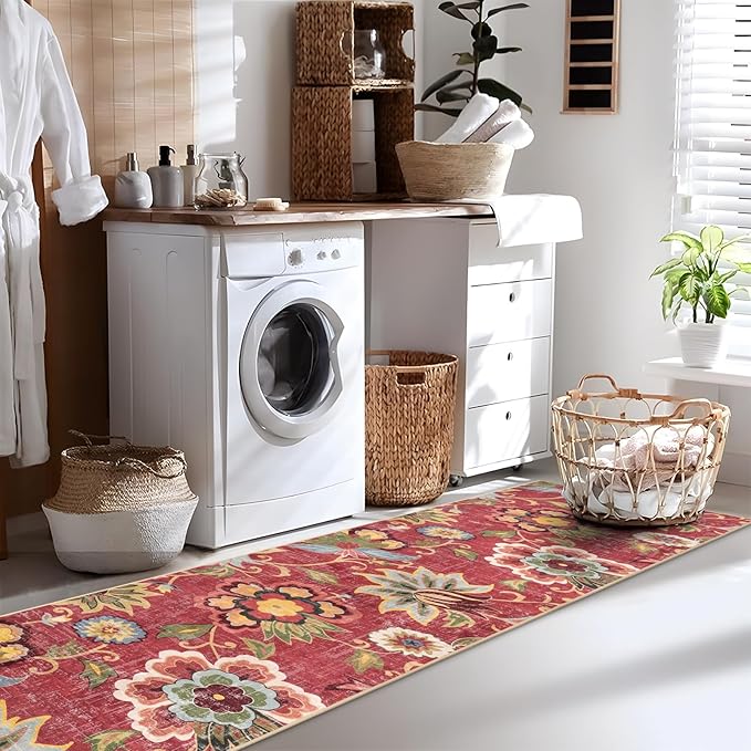 Beeiva Floral Runners for Hallways, Washable Rugs Runners 2.5x10 Non Slip Red Rug, Vintage Rugs with Rubber Backing Paisley Stair Carpet for Kitchen Entryway Laundry Room Christmas