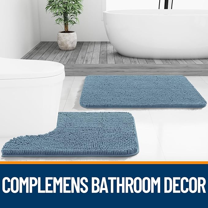 OLANLY Bathroom Rugs Sets 3 Piece, Soft Absorbent Chenille Bath Mats and U-Shaped Contour Toilet Rug, Quick Dry, Home Decor Accessories, Bath Mat Set for Bathroom (36"x24"+24"x16"+24"x20", Airy Blue)