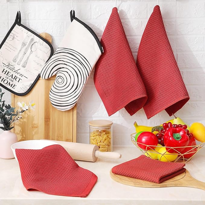 Homaxy 100% Cotton Waffle Weave Kitchen Dish Towels, Ultra Soft Absorbent Quick Drying Cleaning Towel, 13 x 28 Inches, 4-Pack, Brick Red
