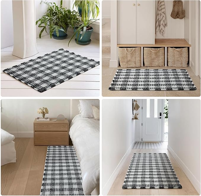 Waffle Bath Mat, Boho Bathroom Rugs Non Slip Washable Absorbent Checkered Bathroom Mat Quick Dry Farmhouse Bathroom Decor, 48"x24" Black and White