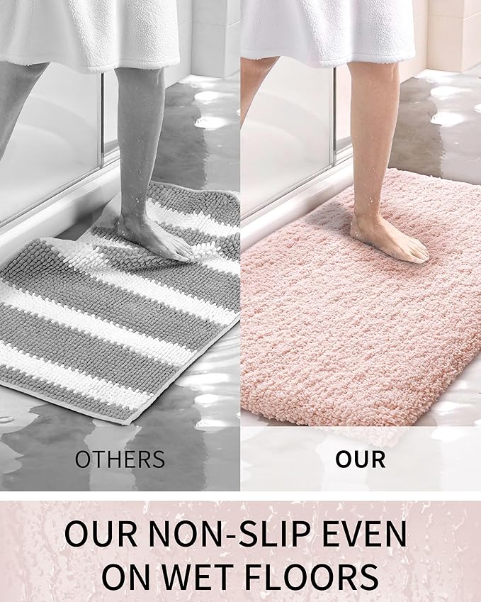Bathroom Rugs 48x24, Ultra Thick Shaggy Soft Microfiber Absorbent Bath Rug, High Density Foam Latex Non Slip Backing, Machine Washable Bath Mats for Bathroom Floor & Sink, Pink