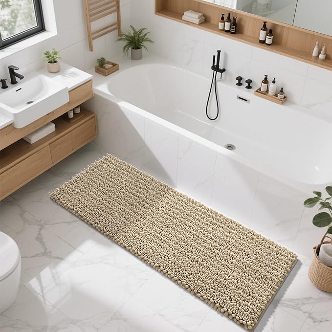 Yimobra Bathroom Runner Rug 60x24 Inch - Extra Long Non Slip Chenille Bath Mat, Soft & Absorbent, Machine Washable Shaggy Hallway Carpet for Vanity Tub Shower, Camel Home Decor Accessories