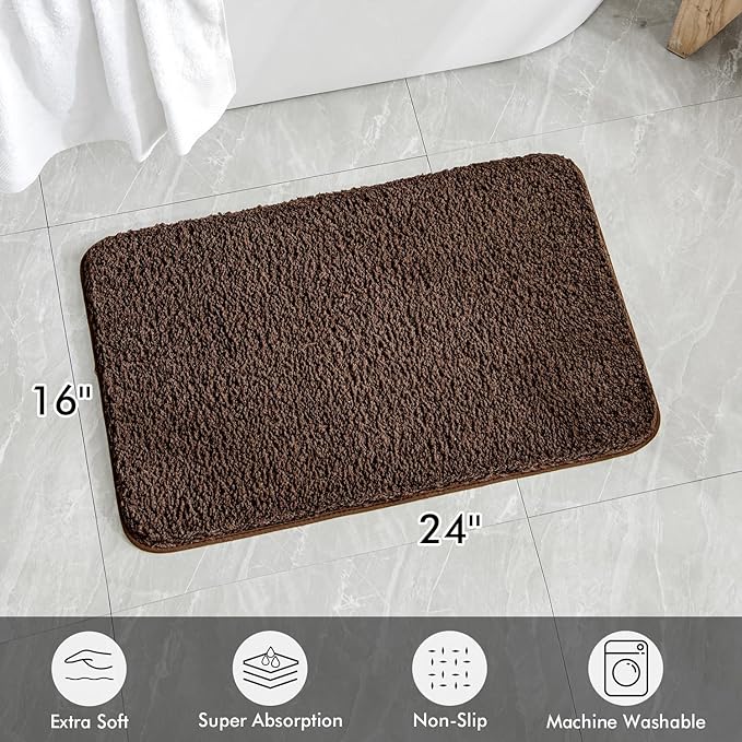 MIULEE Extra Thick Non Slip Bathroom Rug Shaggy Soft Bath Mat Plush Microfiber Absorbent Water for Shower Tub Machine Washable (Brown, 16x24 Inches)