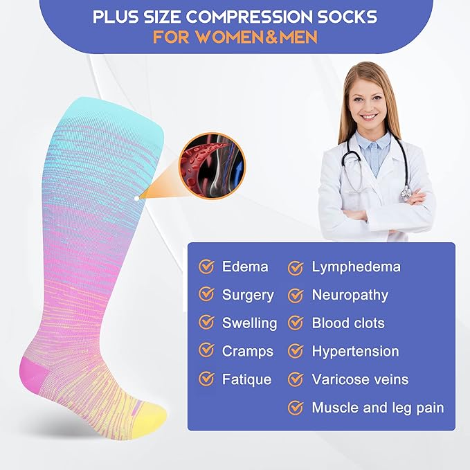LEVSOX Plus Size Compression Socks for Women Men Wide Calf Extra Large 15-20 mmHg Knee High Sock for Nurses Pregnant Travel