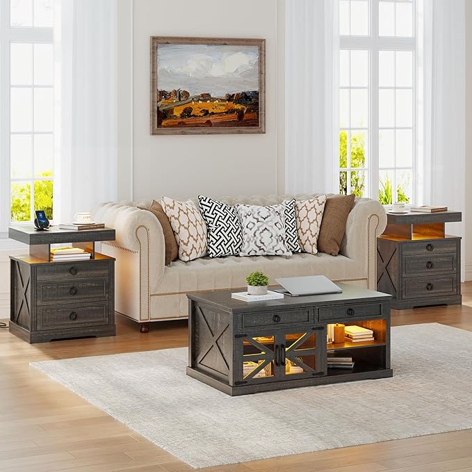 Gurexl Farmhouse Night Stand with Lockable Gun Drawer,LED Nightstand with Charging Station,Bedside Table with Human Sensor 3-Color Lights,End Table with 3 Drawers,Bedroom,Rustic