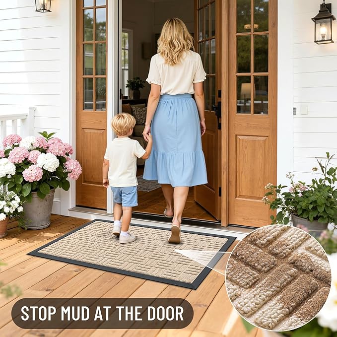 OLANLY Front Door Mat Outside Entrance 59x23, Absorbent, Heavy Duty Sturdy Natural Rubber Doormat Indoor Outdoor, Non-Slip, Stain and Fade Resistant, Low Profile Floor Mat for Entryway, Latte White