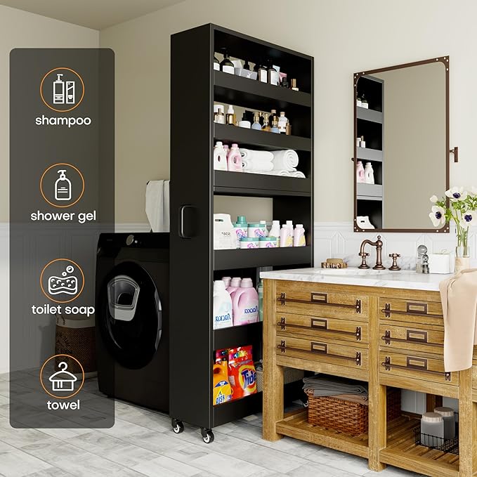 Slim Storage Cart, Lightweight 6 Tier Metal Rolling Utility Kitchen Cart on Wheels, Mobile Storage Shelving Unit Organizer for Bathroom Laundry Office (Black, 10" D)