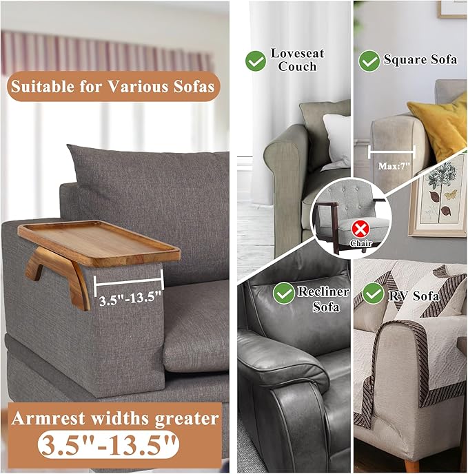 SINWANT Couch Arm Table,Acacia Wood Sofa Arm Rest Tray for Couch,13.78" Foldable Couch Armrest Tray Tables for Home Apartment Small Spaces