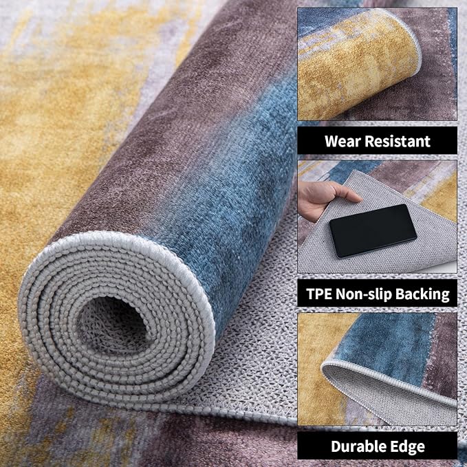 Ciicool Modern Abstract Area Rug 2x3 Washable Small Entryway Rugs, Non-Slip Low Pile Throw Rug, Foldable Kitchen Bathroom Rugs, Yellow Grey Blue Floor Carpet for Entrance Bedroom Indoor Doormat