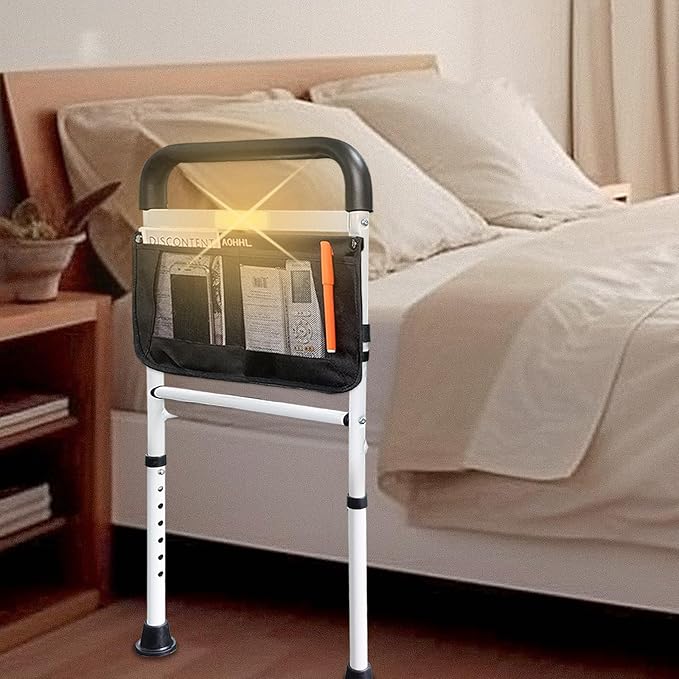 AOHHL Bed Rails for Elderly Adults Safety with Motion Light Adjustable Heights Storage Pocket Assist Support Side Railing for Seniors Slides Under Bed Guard Bed Handle Bars (White with Warm Light)