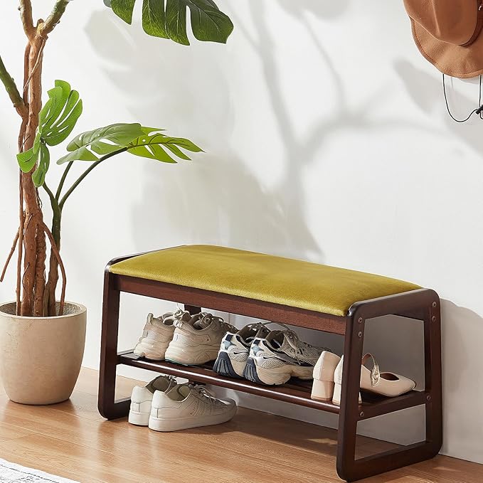 Shoe Rack Bench,2 Tier Wooden Entryway Bench with Shoe Storage, Shoe Rack with Cushion for Living Room, Hallway(Olive Green, 31.5")