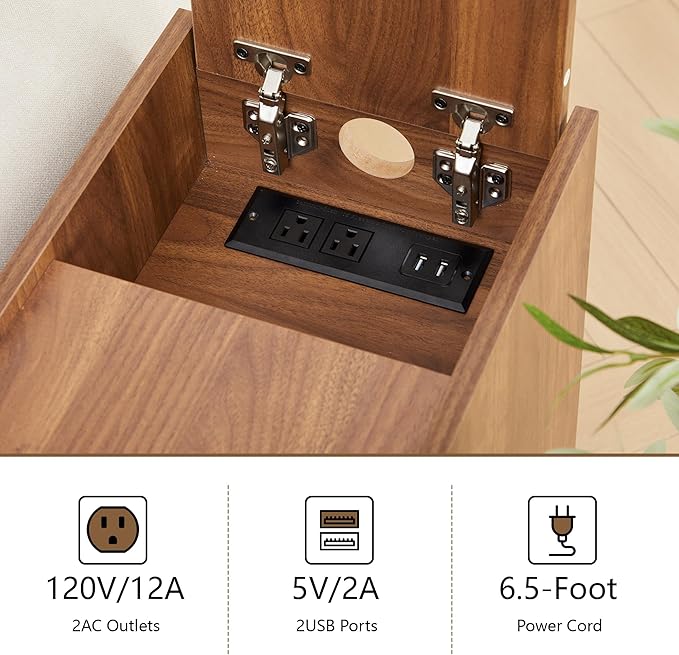 Metal Rattan Narrow End Table with Charging Station, Farmhouse Side Table with Drawers Storage, Small Night Stand with Power Outlets and USB Ports, Sofa Side Table for Living Room - Walnut