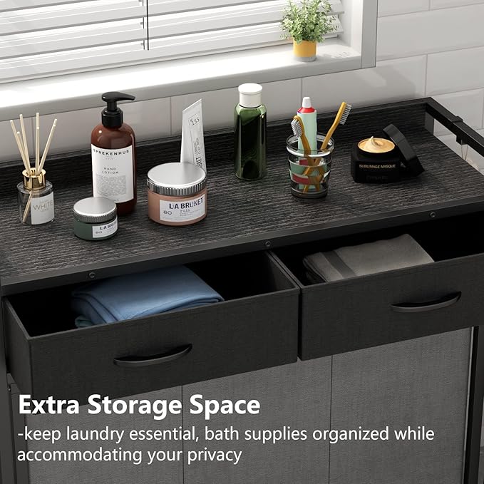 Laundry Hamper Laundry Basket with 3 Section Pull-Out Rolling Bags, Laundry Sorter for Organization and Storage with 2 Pull-Out Drawers for Laundry Room, Bathroom, Bedroom Use (Black)