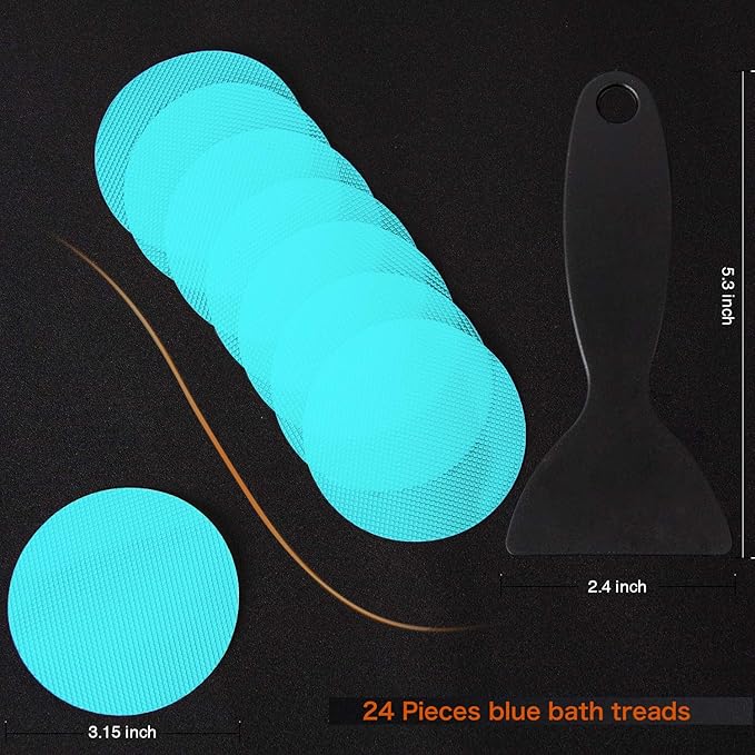 Non-Slip Bathtub Stickers, 24 PCS Safety Bathroom Tubs Showers Treads Adhesive Decals Scraper (Blue)