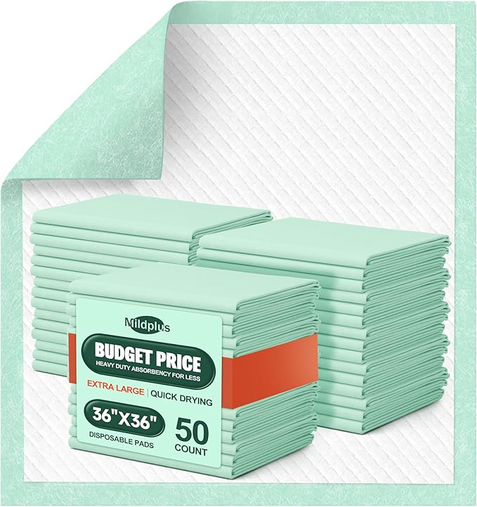 Disposable Bed Pads 36'' X 36'' Heavy Duty Underpads Extra Large Incontinence Pads for Unisex Adult, Senior, Kids and Pet (50 Count)